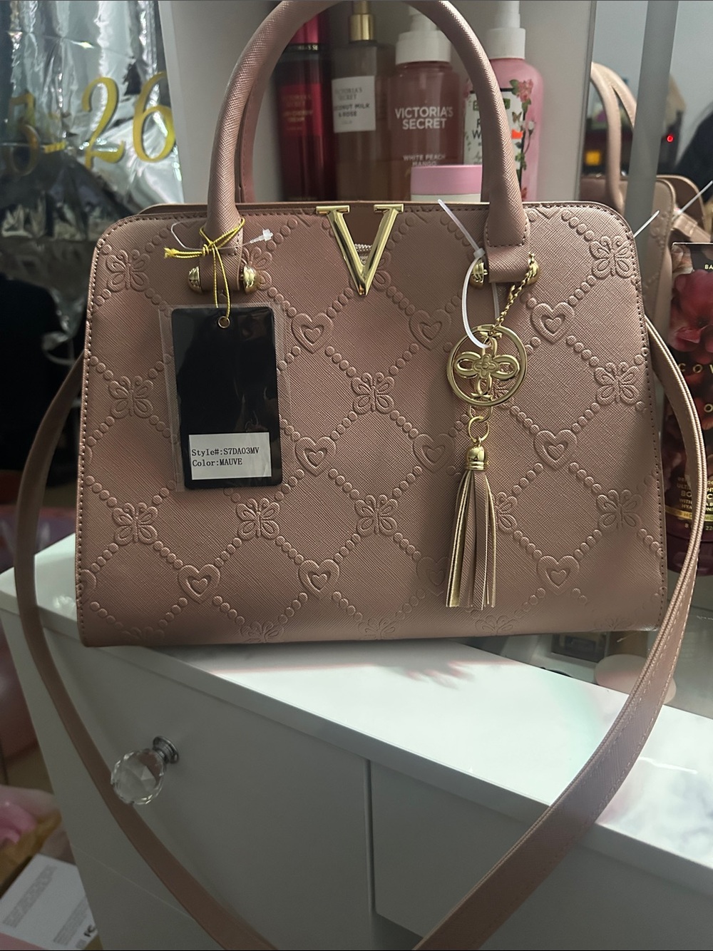 Elegant Mauve Women’s Satchel Handbag with Tassel Charm